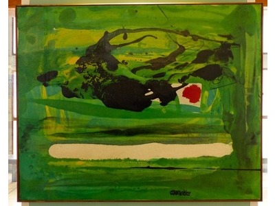 Yves Corbassiére (1925). Abstraction lyrique, huile sur toile, signée au recto, située Saint-Tropez et datée (19)59 au verso. 810x640cm.                 600 euros.