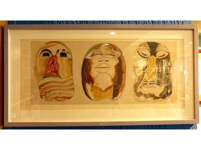 H. de Waroquier (1881-1970), Trois masques, Dessin africaniste, encre et gouache, monogrammé et daté 1947. 27x63 cm (hors marge). Encadré sous verre (reflets). 400 euros.