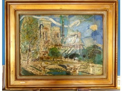 Gilbert Corsia (1915-1985), Notre Dame-Paris, Huile sur carton (bande ajoutée), 55x75 cm, signée, encadrée, vers 1940/1950. 350 euros.