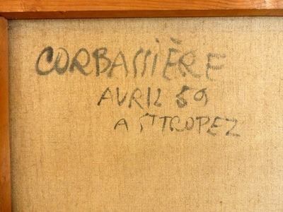 Yves Corbassiére (1925). Abstraction lyrique, huile sur toile, signée au recto, située Saint-Tropez et datée (19)59 au verso. 810x640cm. 600 euros.